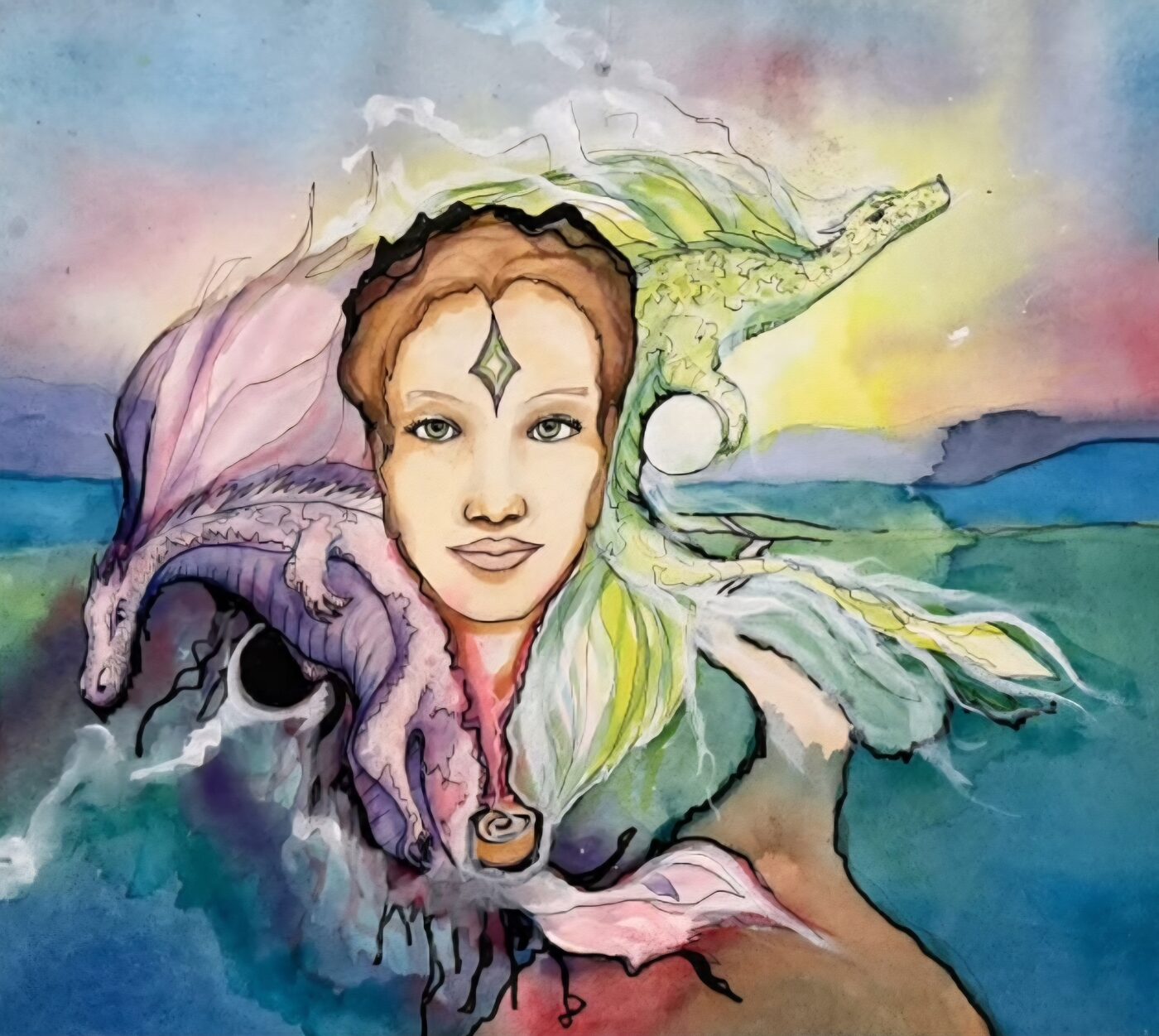 Watercolor starseed woman with dragon spirit guides